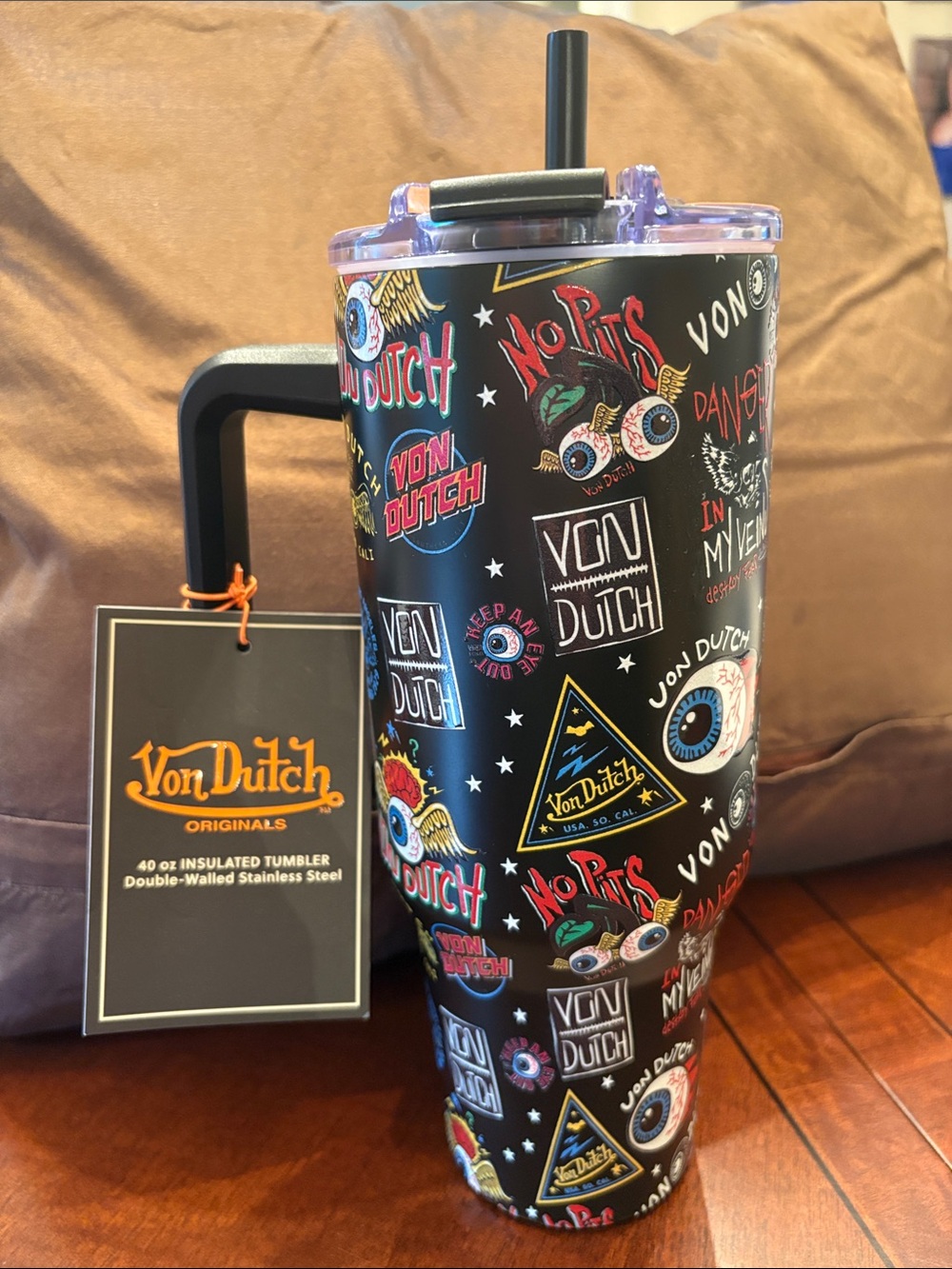 Von Dutch Black 40 oz Tumbler with Multicolor Graphic Logos and Purple Lid bnwt